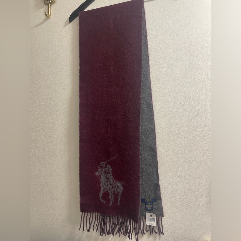 Polo by Ralph Lauren Reversible Burgundy and Gray Scarf with Polo Player